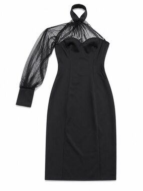 One-Shoulder Black Sheer-Sleeve Midi Dress